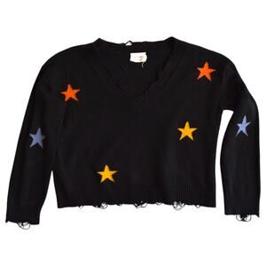 Loved + Adored Black Colorful Stars V-Neck Sweater Distressed Hems Size Large